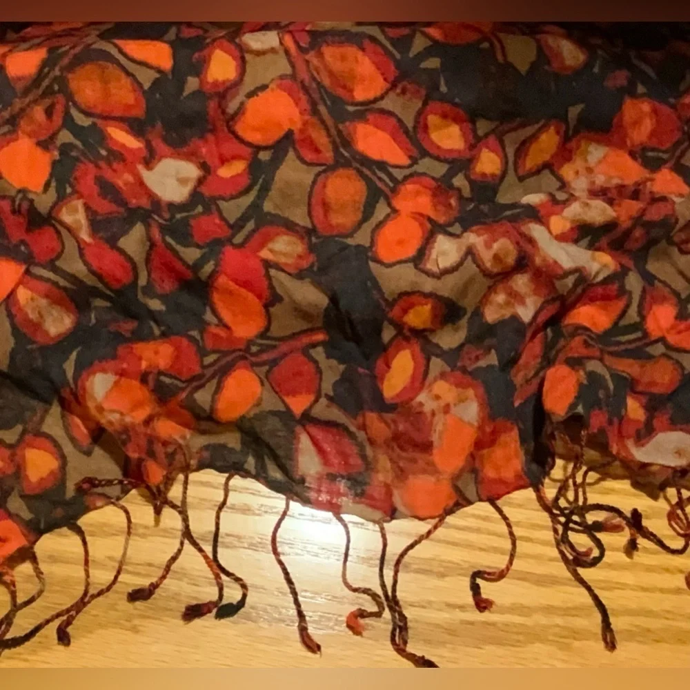Unbranded Women’s Floral Fashion Scarf, Dark Orange/Red/Black, Tassel Fringe